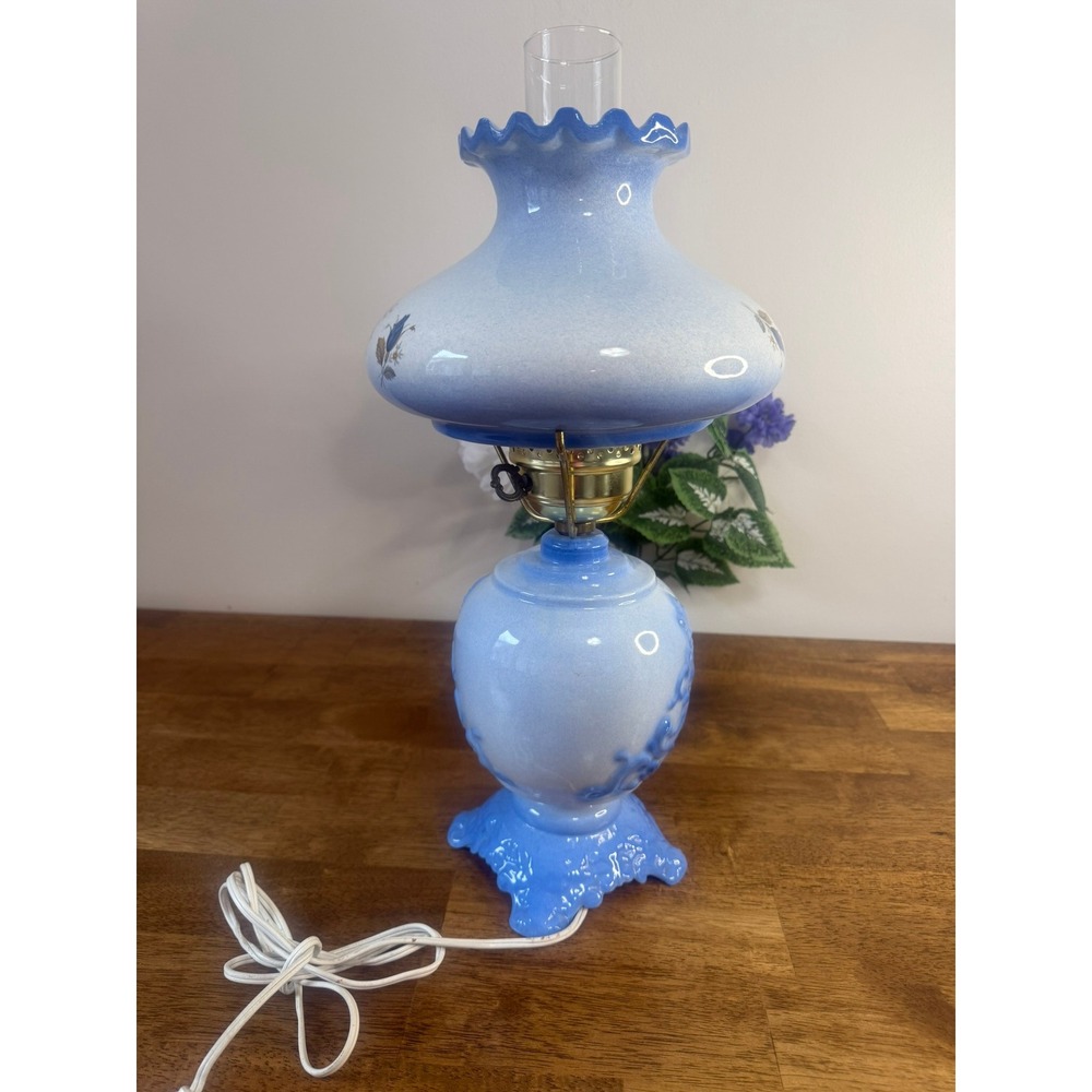 Vintage Blue Milk Glass Table Lamp Hand Painted Floral Hurricane Shade 3 Way - Picture 12 of 15